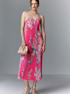 L’Idee Ete Floral Print Pink Pleated Strappy Backless Midi Dress - US 6